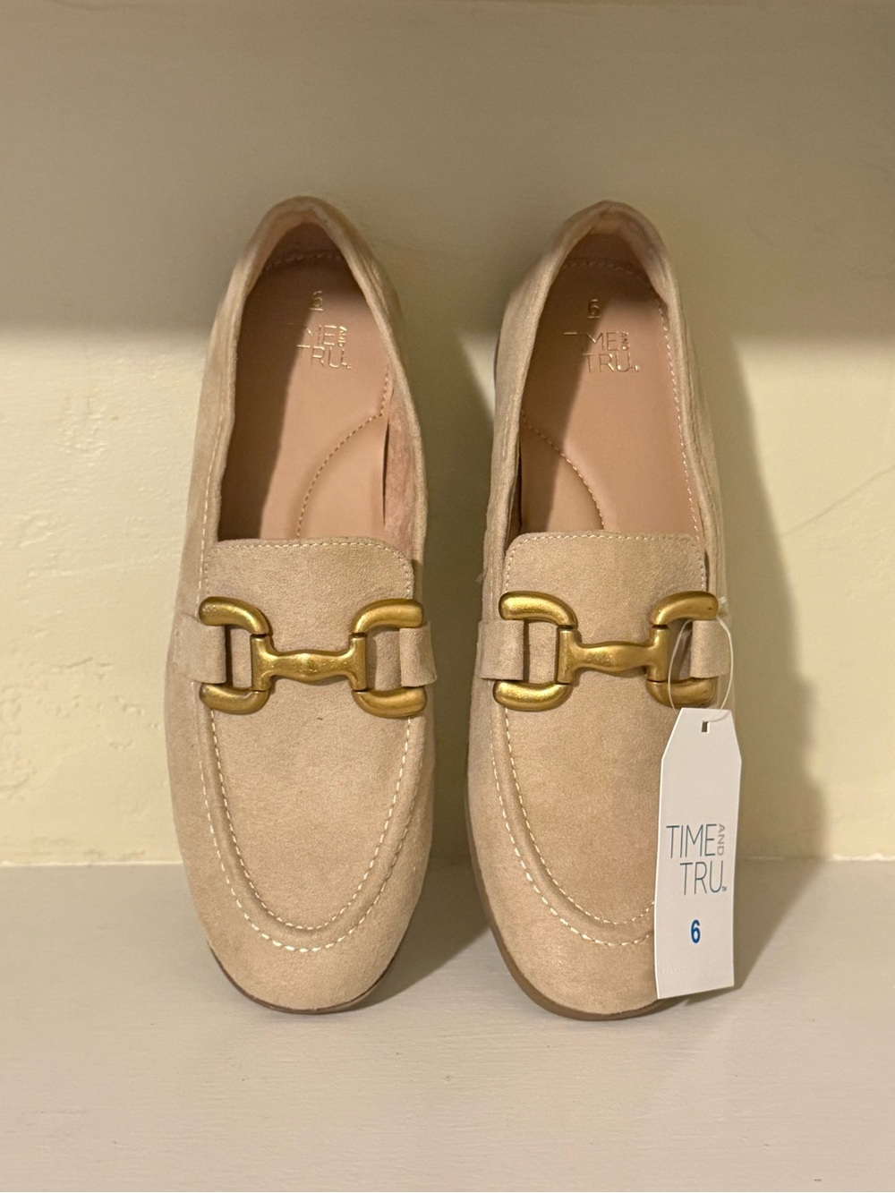 Time and Tru Tan Suede Loafer Flats with Gold Bit Hardware NWT 6